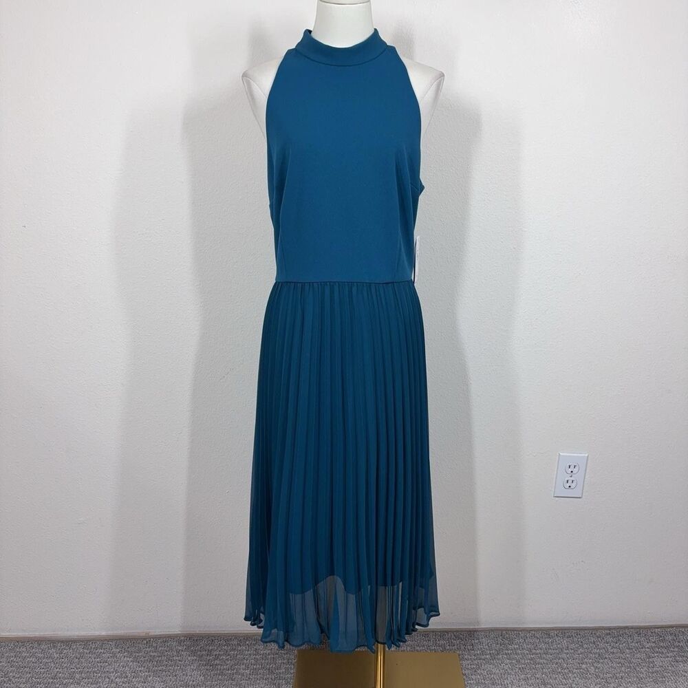 Shelby & Palmer Dress Womens 14 Blue Peacock Pleated Chiffon Midi Party Cocktail